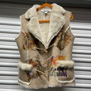 Vintage Painted Ponies Western Style Design Suede and Faux Shearling Vest